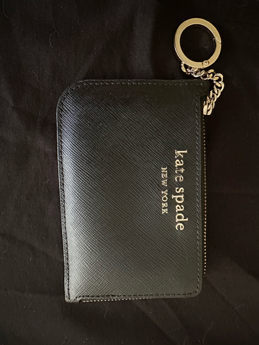 kate spade Black Textured Leather Zip Wallet with Chain Accent